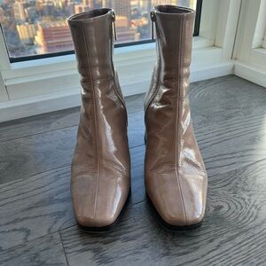 Women's Patent Ankle Booties in Taupe with Side Zip